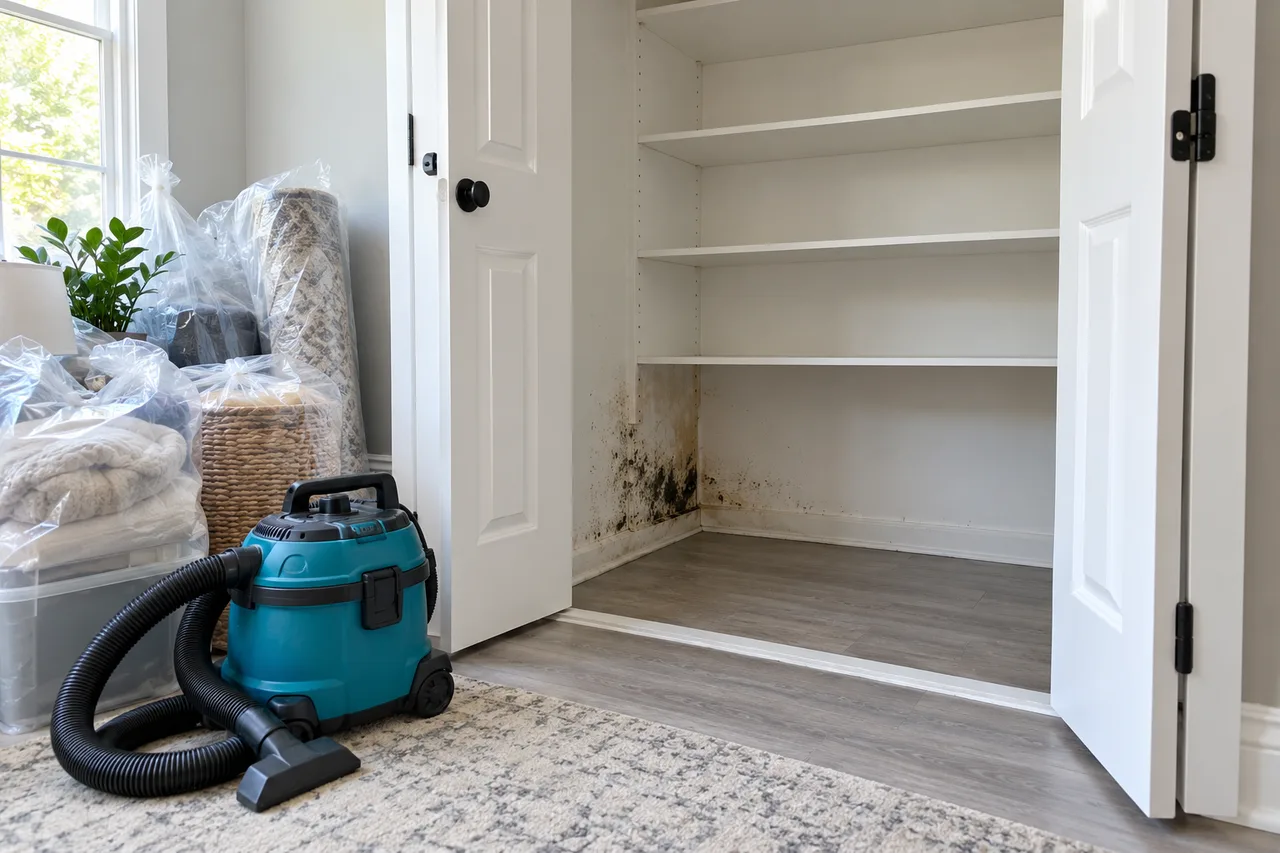 Illustrative empty closet with localized moisture damage and cleanup equipment