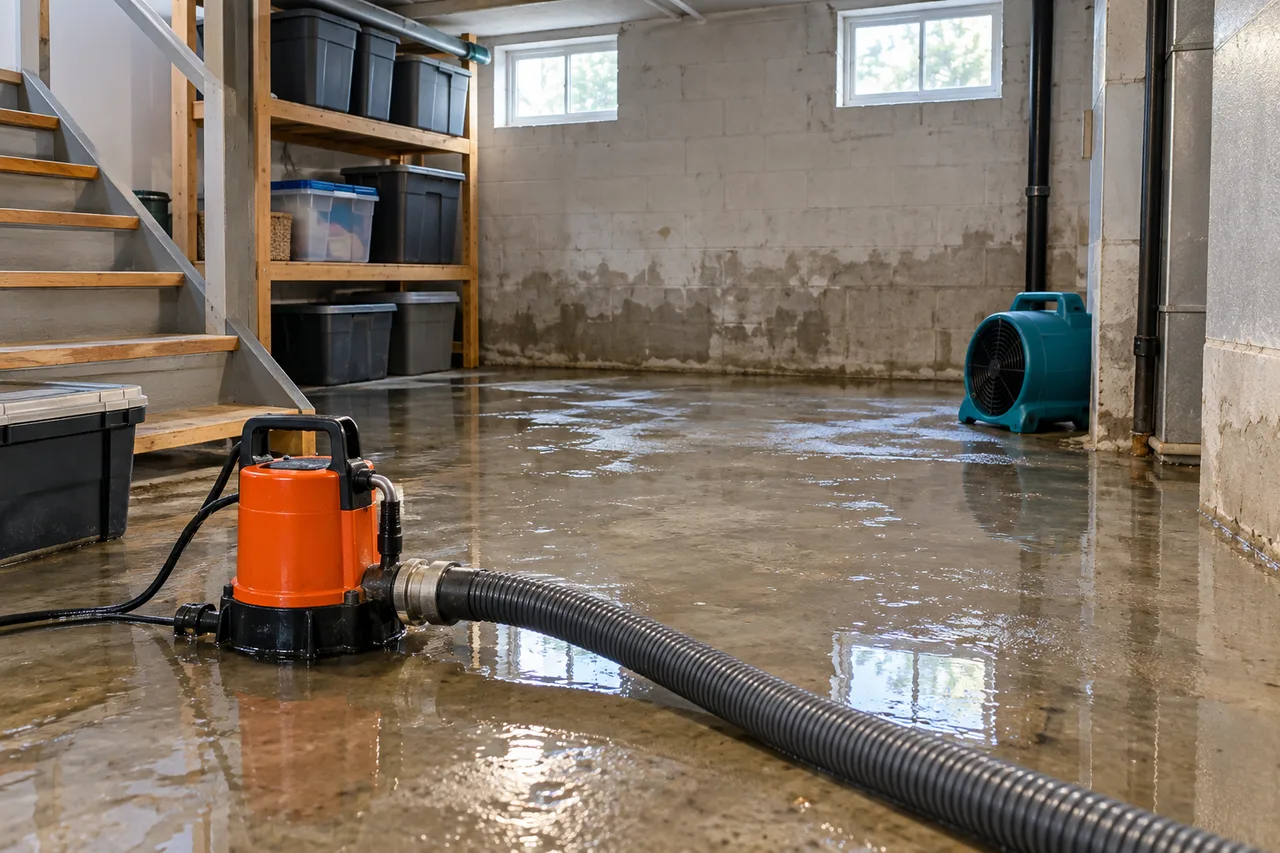 Illustrative flooded basement with shallow water and extraction equipment