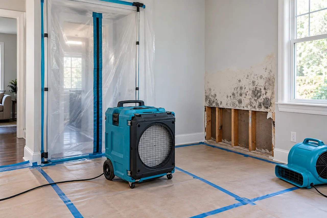 Illustrative mold cleanup area with containment and air filtration equipment